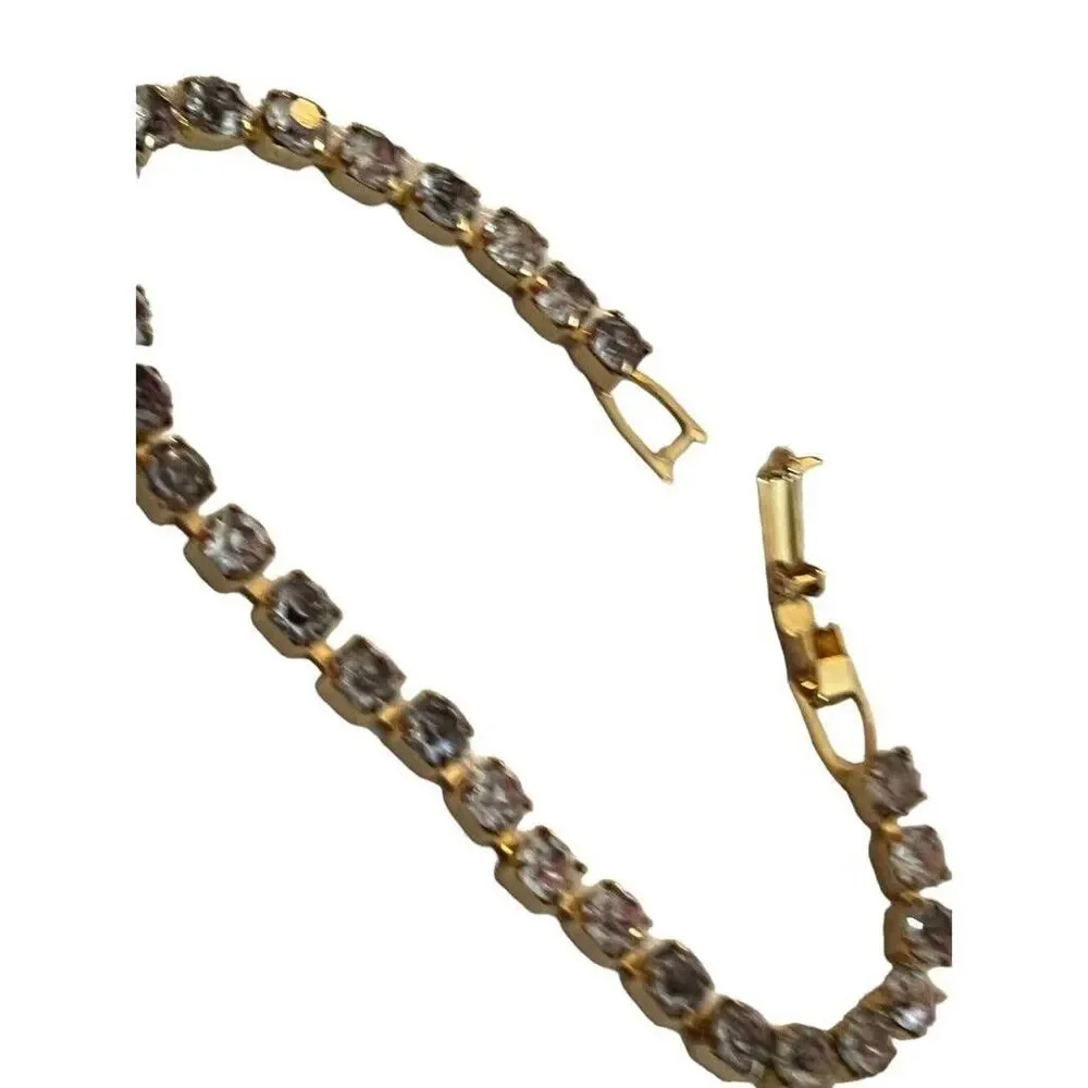 Gold Tone Rhinestone Tennis Bracelet Bling 6 7/8